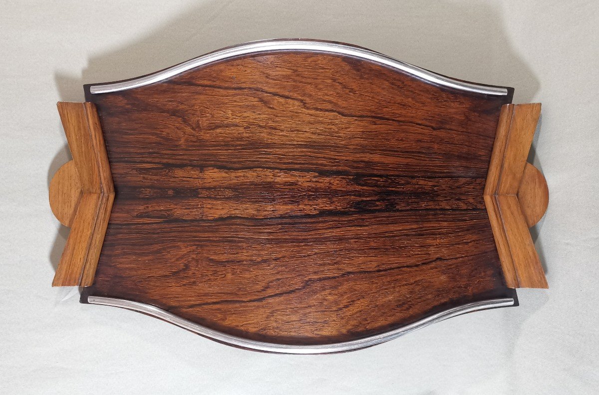 Large Art Deco Tray Rosewood, Walnut And Chromed Metal Tray, Circa 1930-photo-1