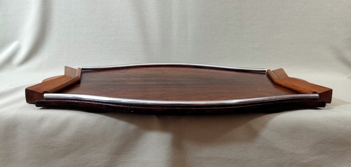 Large Art Deco Tray Rosewood, Walnut And Chromed Metal Tray, Circa 1930-photo-5