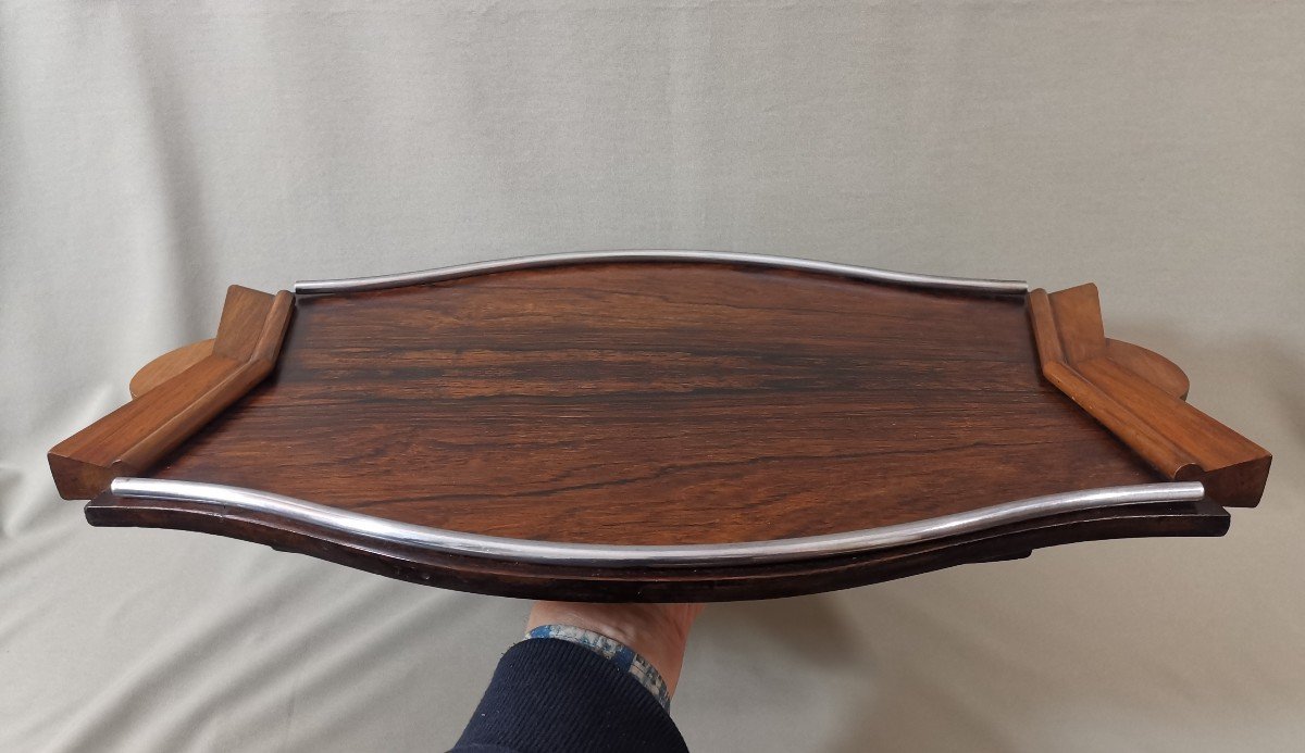 Large Art Deco Tray Rosewood, Walnut And Chromed Metal Tray, Circa 1930-photo-7