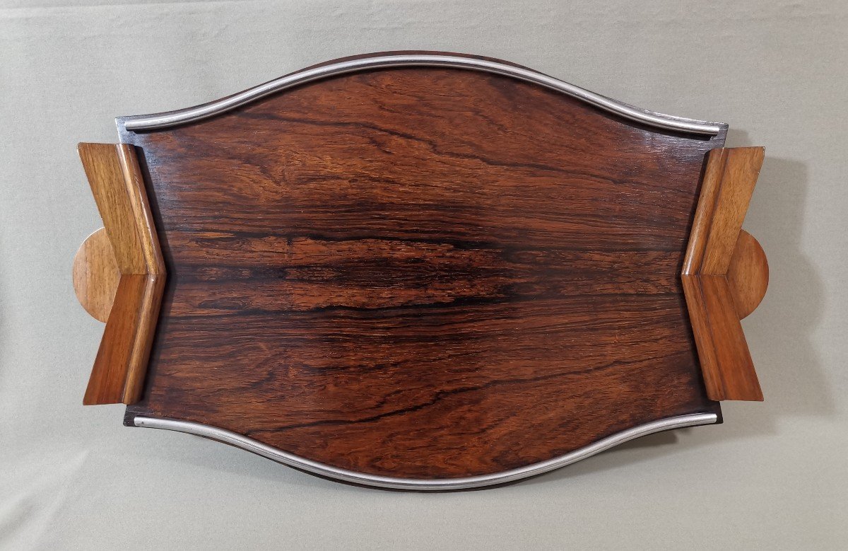Large Art Deco Tray Rosewood, Walnut And Chromed Metal Tray, Circa 1930-photo-8