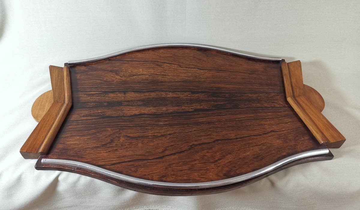 Large Art Deco Tray Rosewood, Walnut And Chromed Metal Tray, Circa 1930