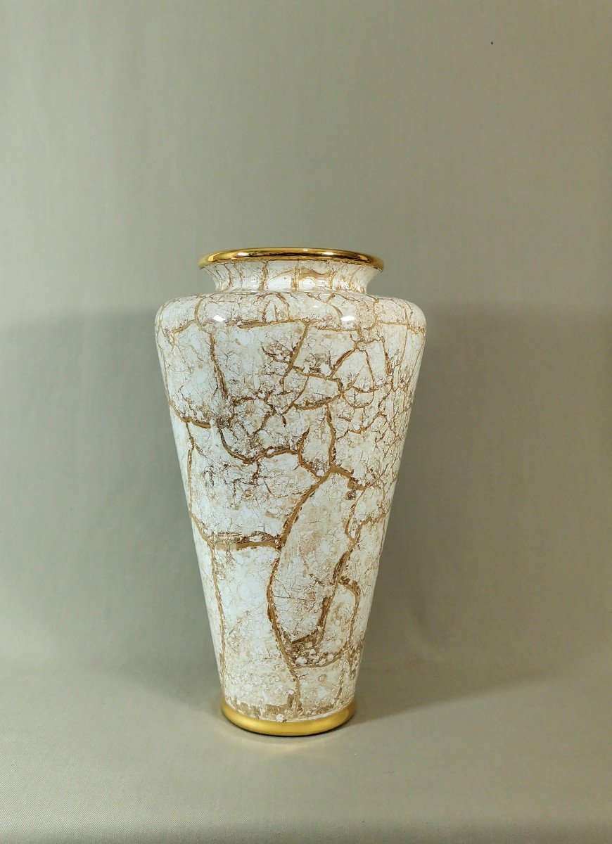 Lancel In Paris Large Baluster Vase, Metallic Ochre Décor In The Marble Style And Gold-photo-2