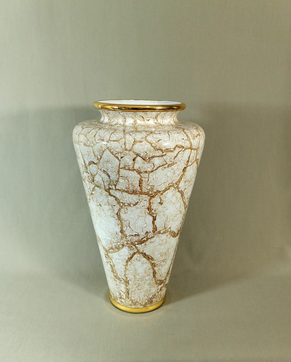 Lancel In Paris Large Baluster Vase, Metallic Ochre Décor In The Marble Style And Gold-photo-2