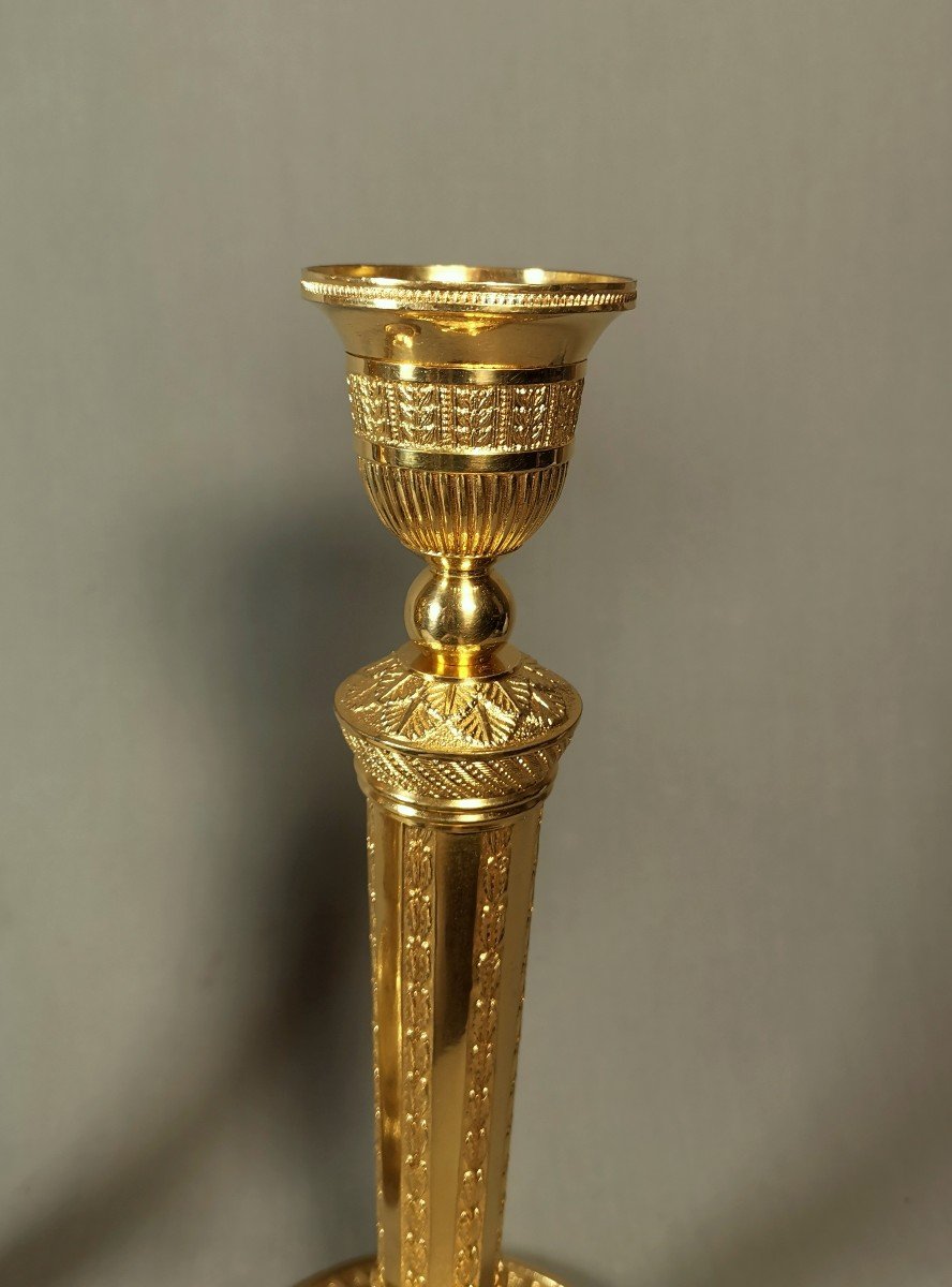 Antique Pair Gilt Bronze Candlesticks, Empire Style, Goldsmith Charleschristofle, Circa 1850-photo-2