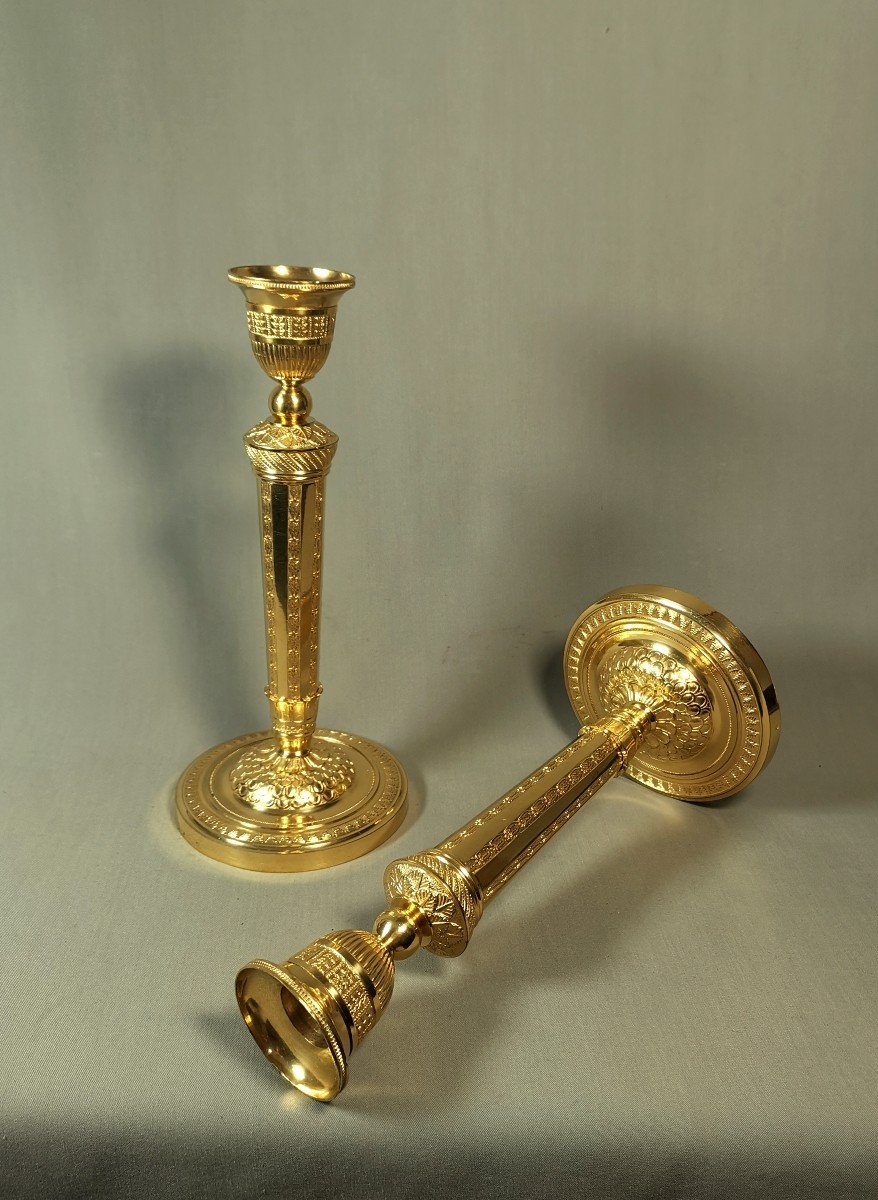 Antique Pair Gilt Bronze Candlesticks, Empire Style, Goldsmith Charleschristofle, Circa 1850-photo-6