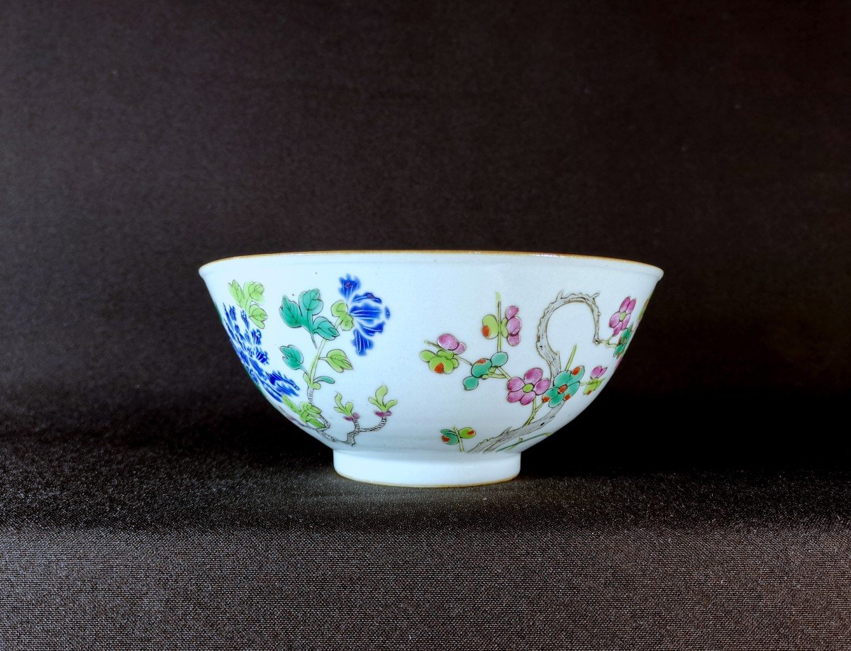 China 18th Century, Qing Period, Large Porcelain Bowl Or Cup With Polychrome Flower Hedge Decor-photo-1