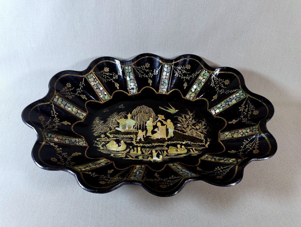 Papier Mâché, Mother Of Pearl, Gold Paint And Gold Leaf Chinese Basket, Napoleon III Period-photo-2