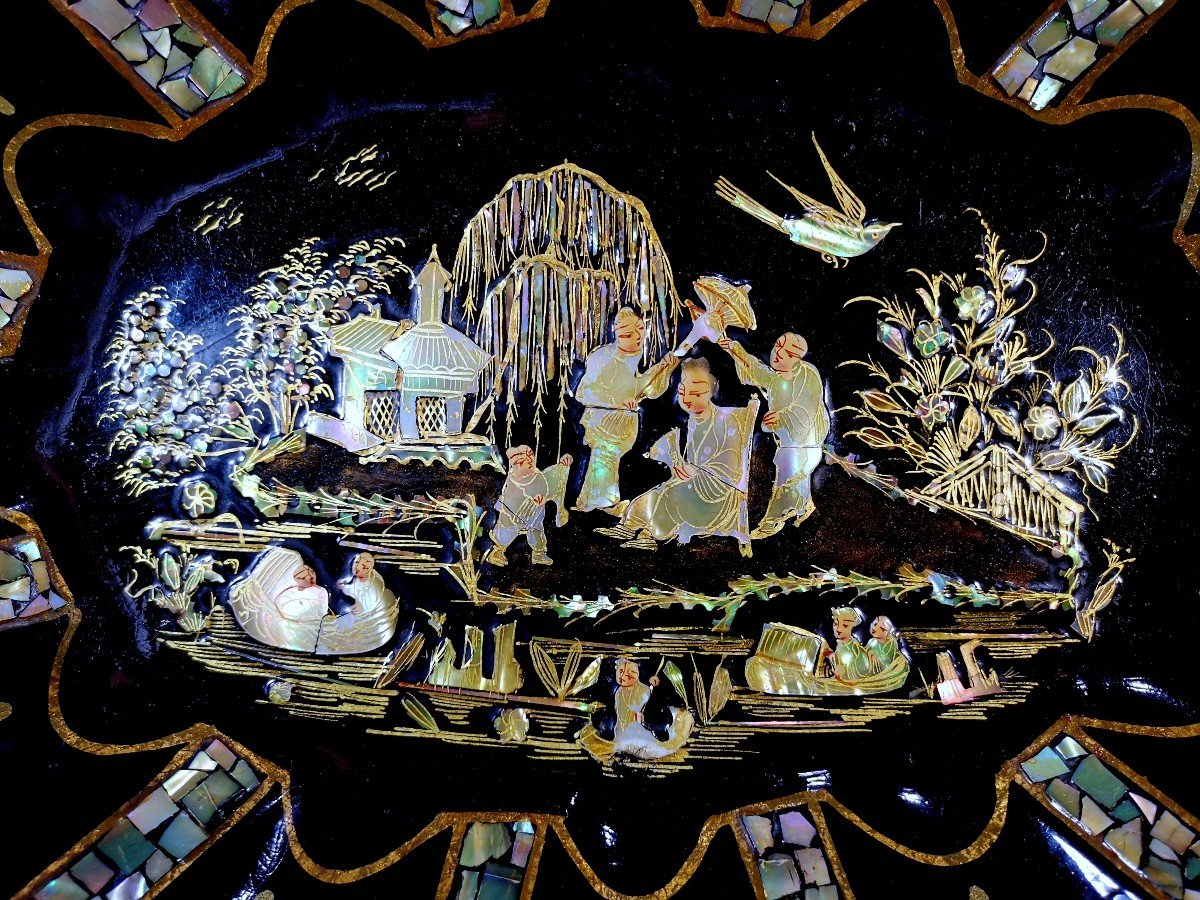 Papier Mâché, Mother Of Pearl, Gold Paint And Gold Leaf Chinese Basket, Napoleon III Period-photo-3
