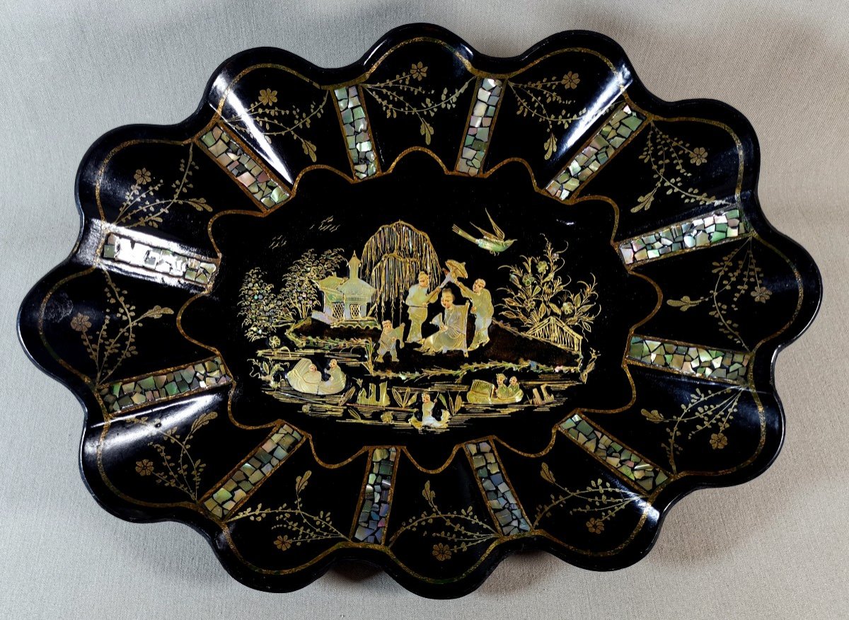 Papier Mâché, Mother Of Pearl, Gold Paint And Gold Leaf Chinese Basket, Napoleon III Period-photo-3
