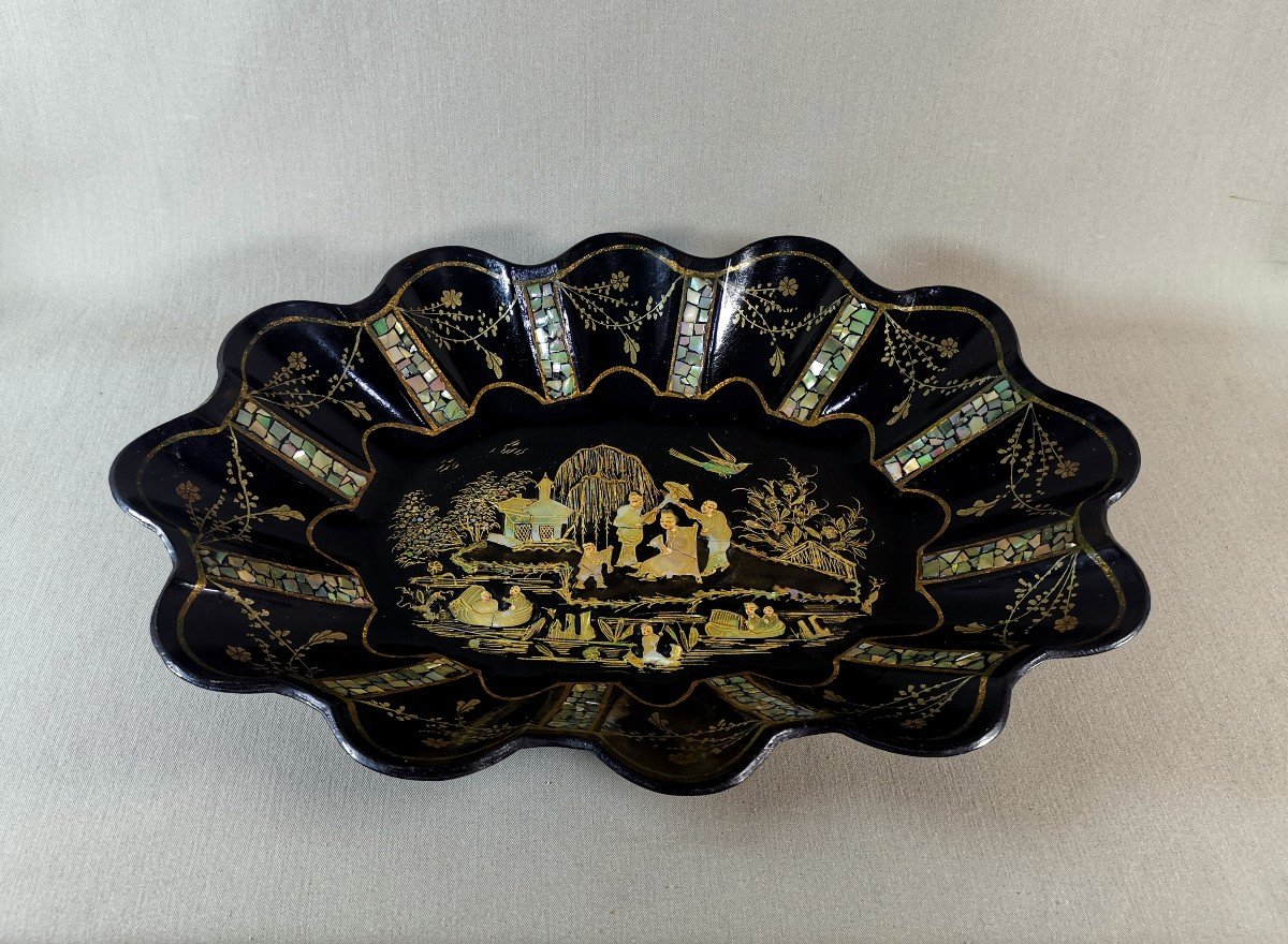 Papier Mâché, Mother Of Pearl, Gold Paint And Gold Leaf Chinese Basket, Napoleon III Period-photo-5