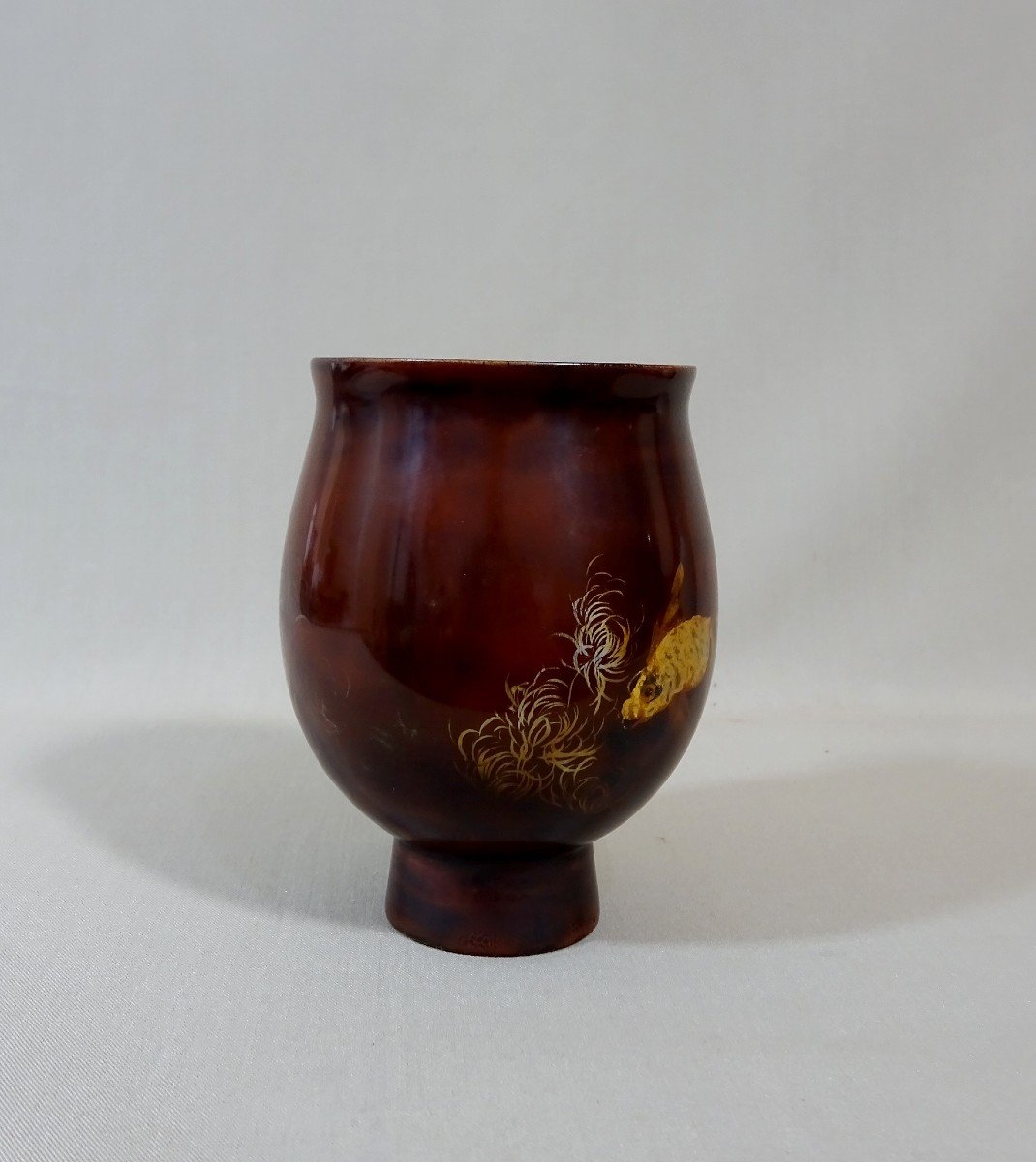 Thanh Ley Vietnam Antique Chalice Vase On Lacquer Heel With Three Fish Sail Design, Signed-photo-1