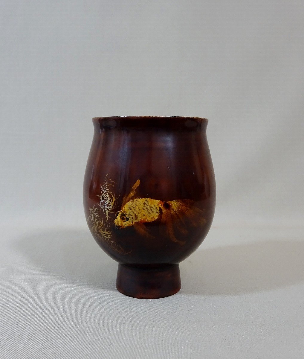 Thanh Ley Vietnam Antique Chalice Vase On Lacquer Heel With Three Fish Sail Design, Signed-photo-2