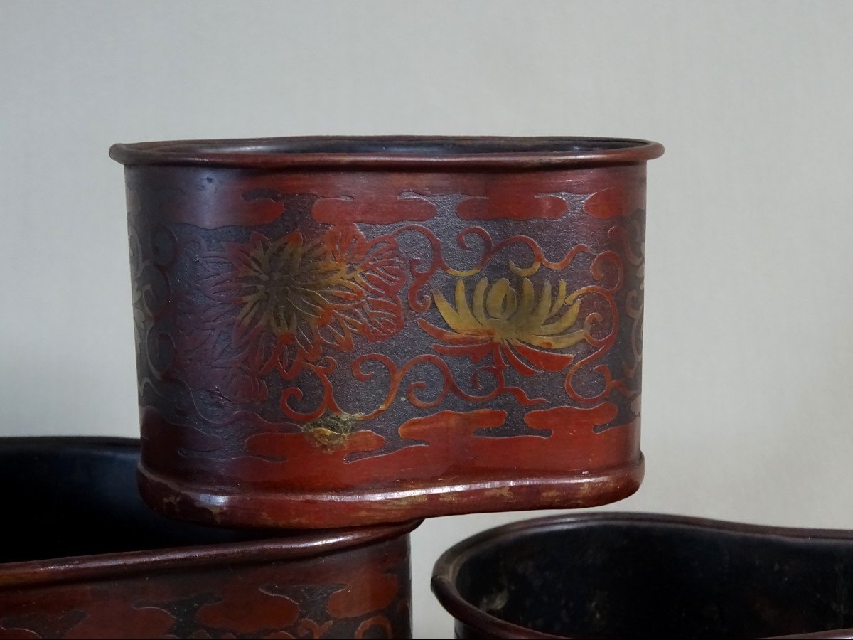 Japan 19th Century, Meiji Period, Three Measures Or Cups In Patina Copper Engraved With Flowers In Acid-photo-4