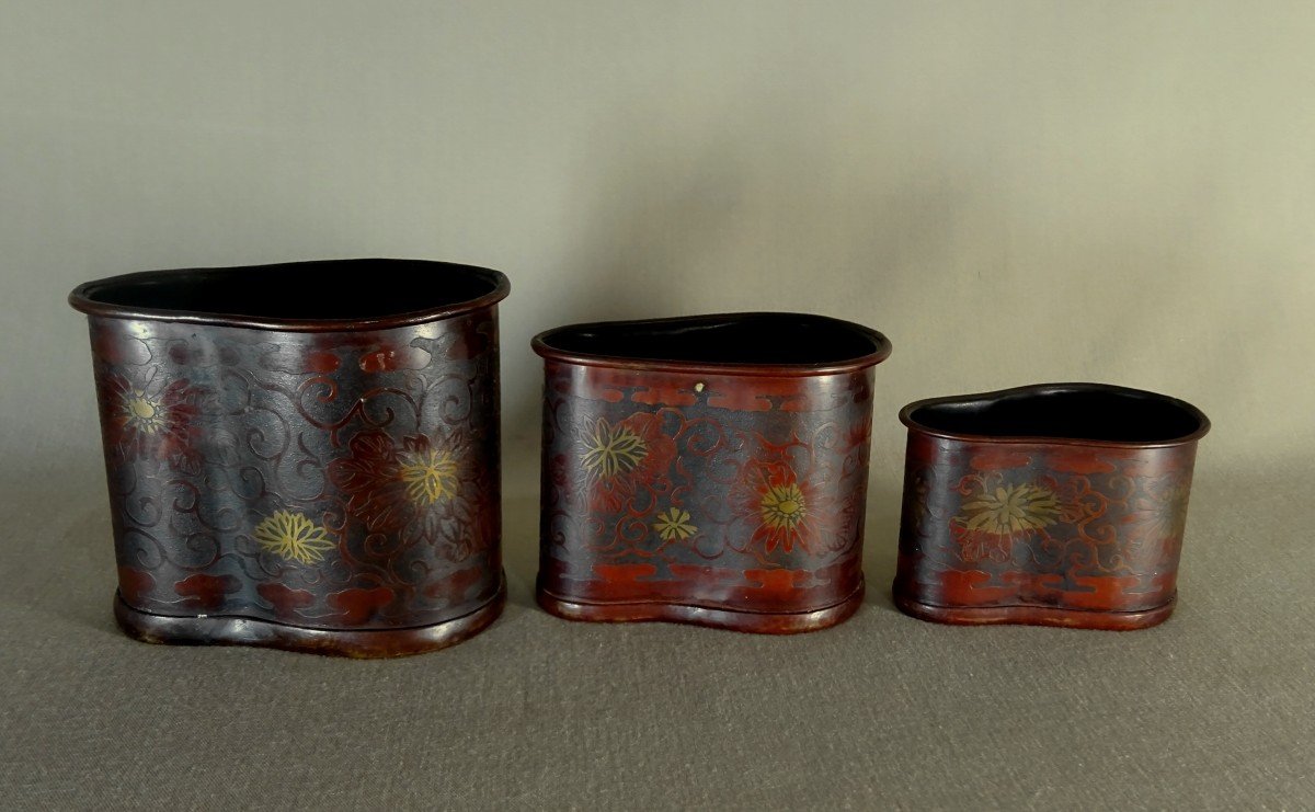 Japan 19th Century, Meiji Period, Three Measures Or Cups In Patina Copper Engraved With Flowers In Acid-photo-7