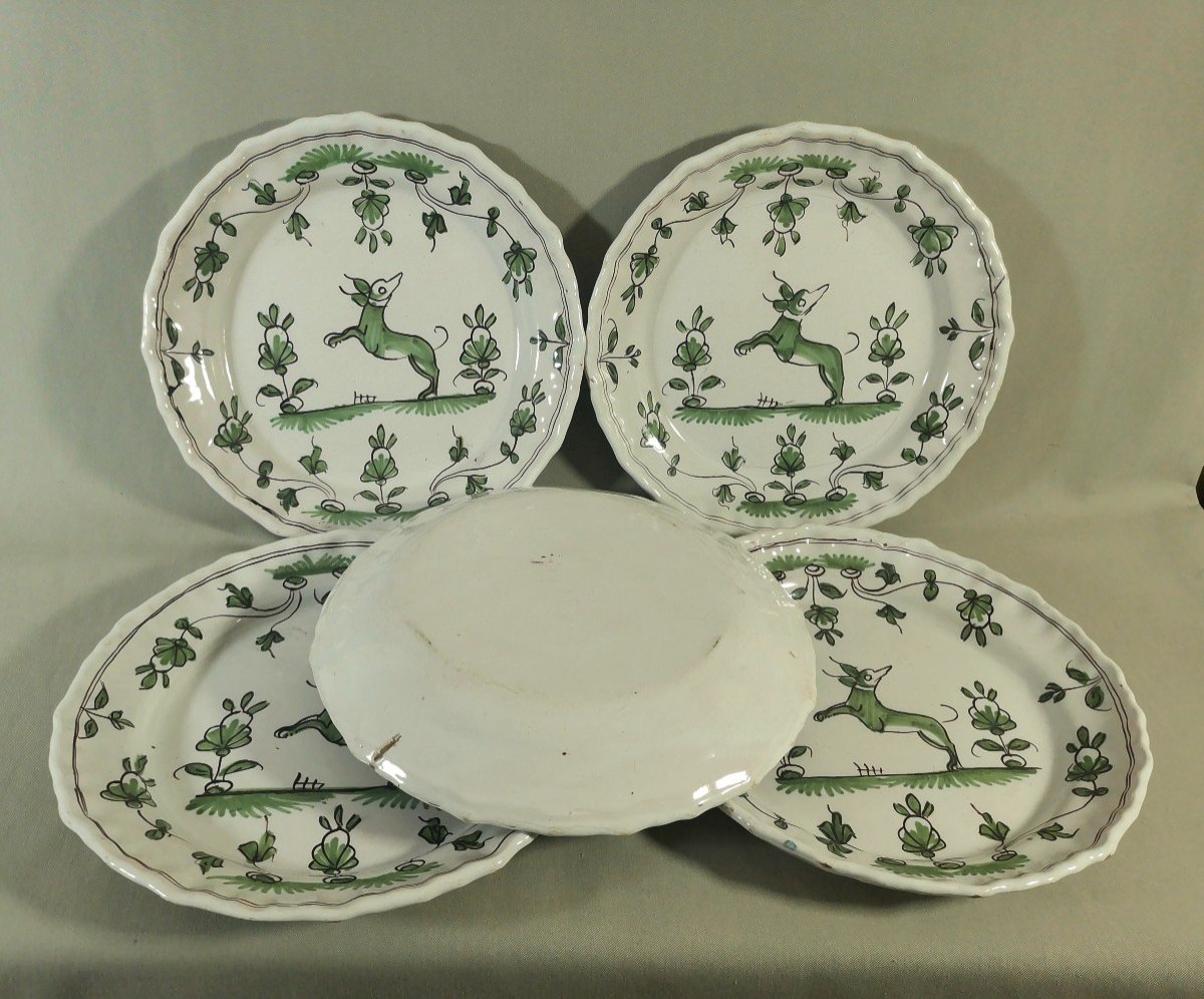 Bordeaux Faience, 5 18th Century Plates, Greyhound Decor, Shades Of Green & Manganese-photo-4