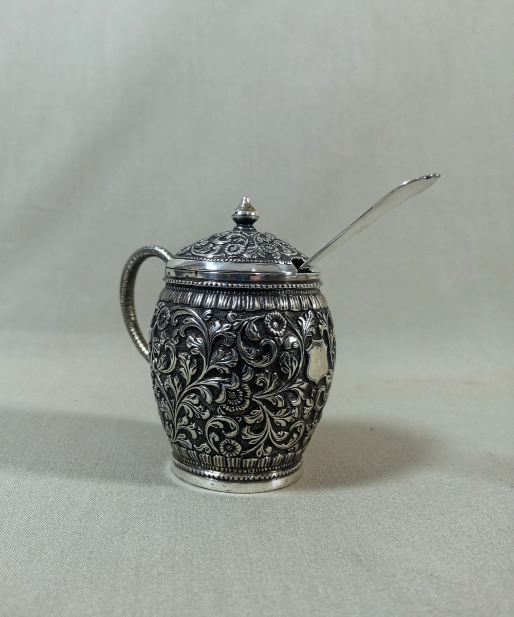 Mustard Pot, Western Indian Kutch Silver, Very Beautiful Handmade Object, Repoussé And Chiseled-photo-2