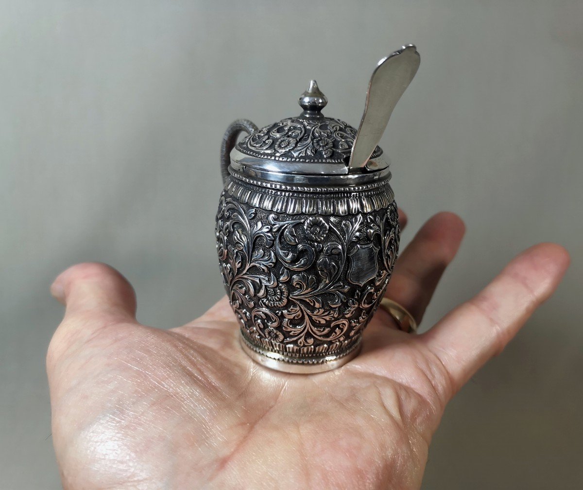 Mustard Pot, Western Indian Kutch Silver, Very Beautiful Handmade Object, Repoussé And Chiseled-photo-8