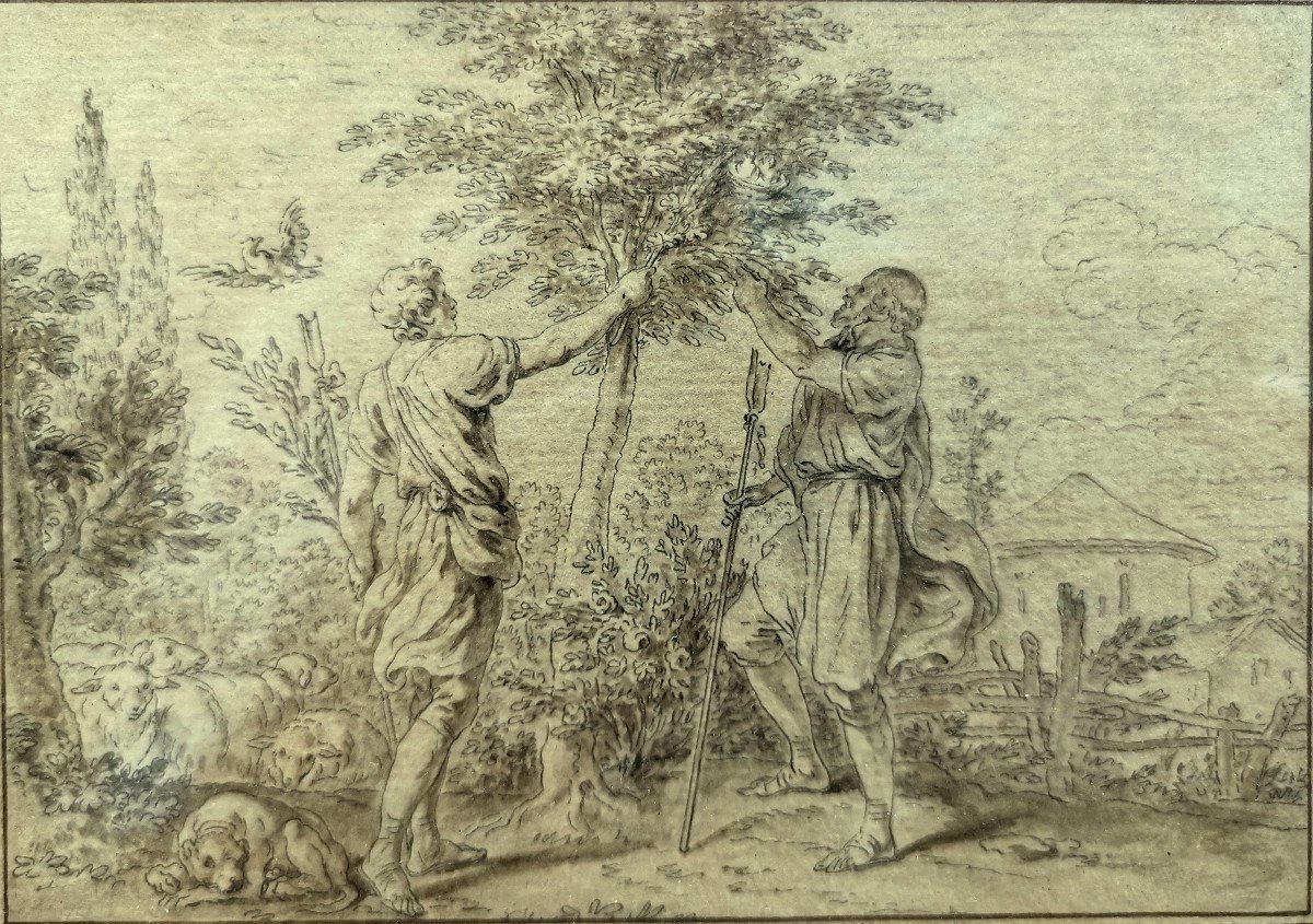 Jean Baptiste Leprince, Dessin Lavis XVIIIe, D&eacute;nicheurs d&#039;Oiseaux, Comte de Bessas de la M&eacute;gie-photo-4