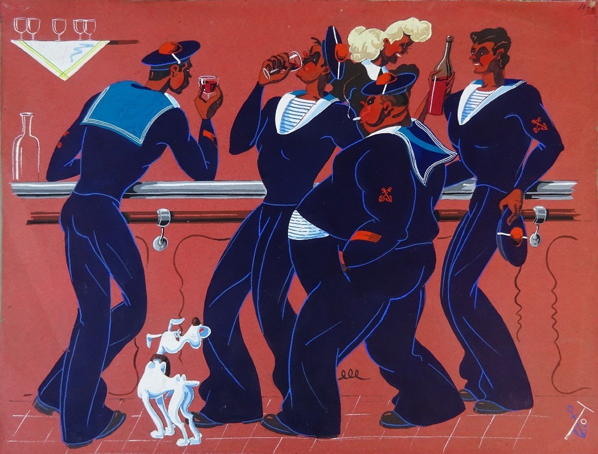 Claude Coullet, Gouache Caricature, The Navy Guys, Pillars Counter, Chez Lignières