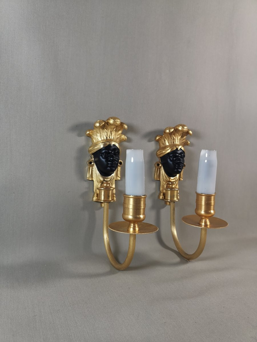 Maison Baguès, Pair Of Nubian Or Indian Wall Lights, Gilt Bronze & Black Patinated-photo-3