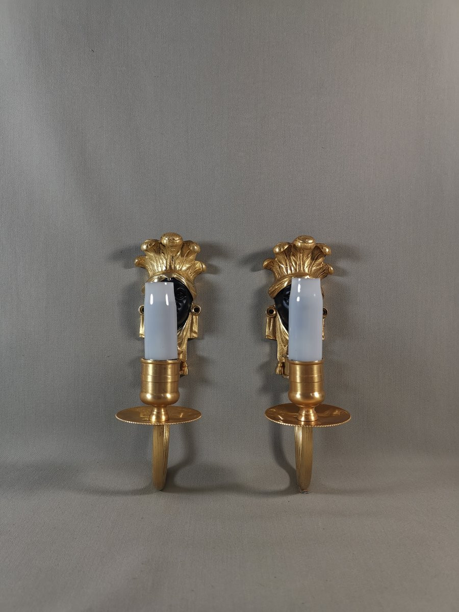 Maison Baguès, Pair Of Nubian Or Indian Wall Lights, Gilt Bronze & Black Patinated-photo-4