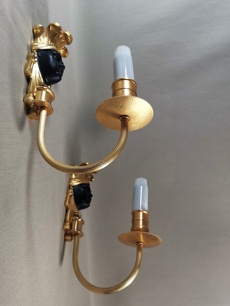 Maison Baguès, Pair Of Nubian Or Indian Wall Lights, Gilt Bronze & Black Patinated-photo-1