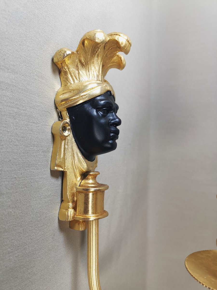 Maison Baguès, Pair Of Nubian Or Indian Wall Lights, Gilt Bronze & Black Patinated-photo-2