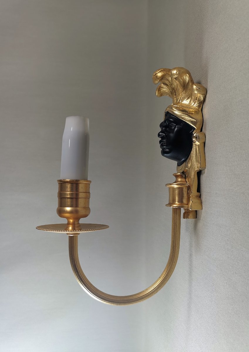 Maison Baguès, Pair Of Nubian Or Indian Wall Lights, Gilt Bronze & Black Patinated-photo-4