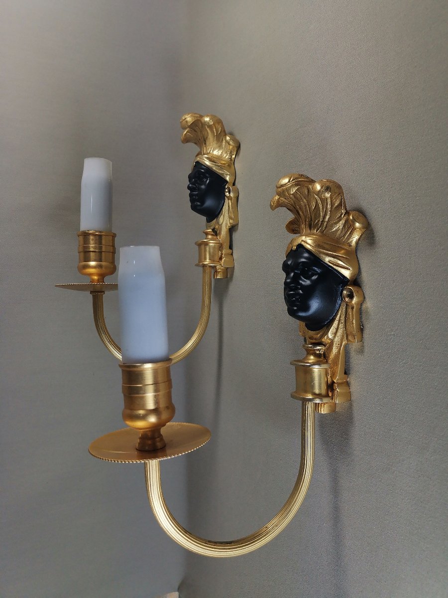 Maison Baguès, Pair Of Nubian Or Indian Wall Lights, Gilt Bronze & Black Patinated-photo-5
