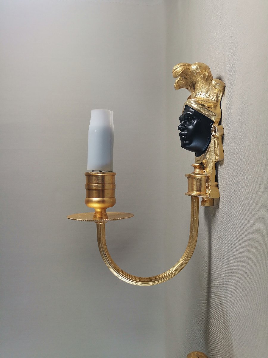 Maison Baguès, Pair Of Nubian Or Indian Wall Lights, Gilt Bronze & Black Patinated-photo-6
