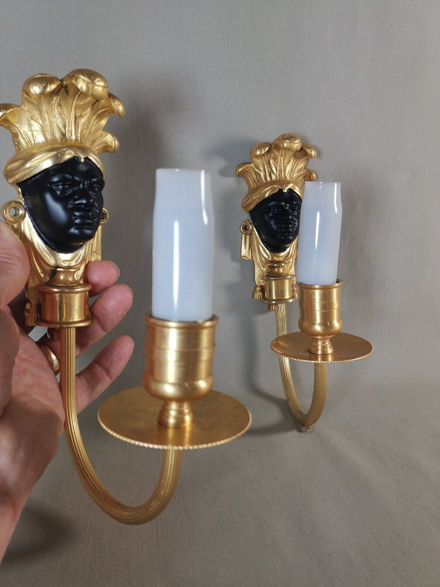 Maison Baguès, Pair Of Nubian Or Indian Wall Lights, Gilt Bronze & Black Patinated-photo-7