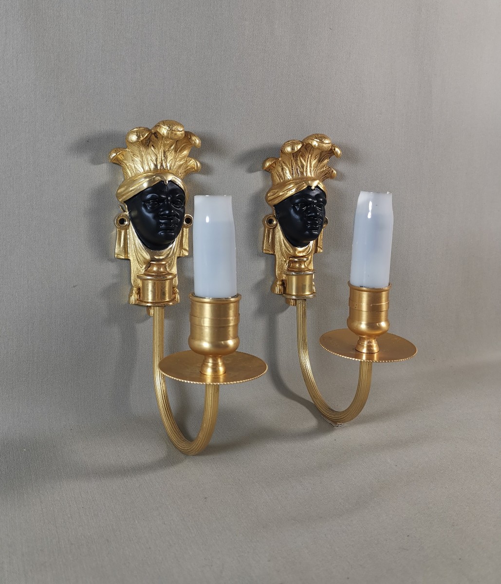 Maison Baguès, Pair Of Nubian Or Indian Wall Lights, Gilt Bronze & Black Patinated