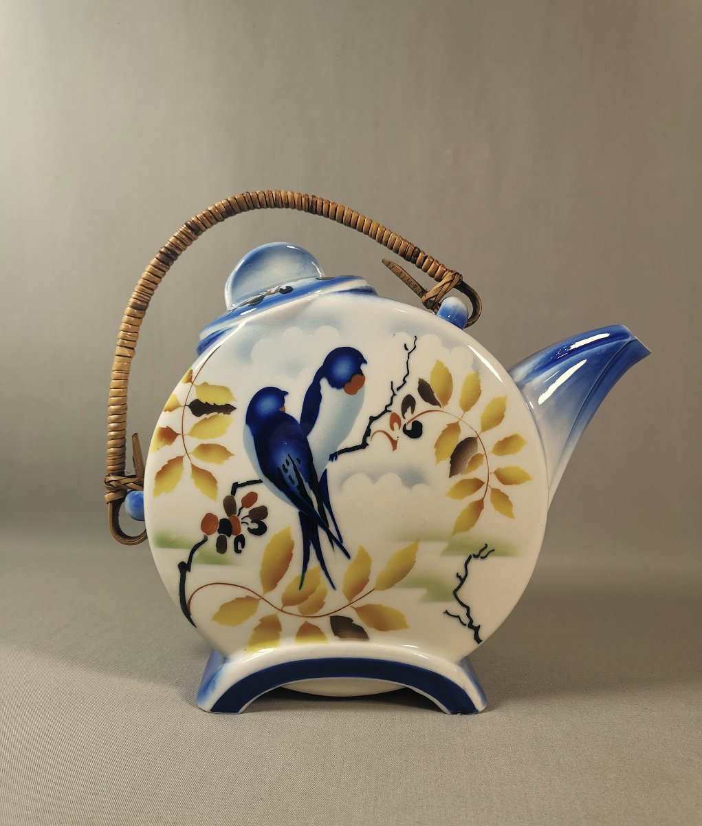 Théière Art Déco Porcelaine, Vers 1930, Panse Aplatie & Décor Aux Hirondelles, Manuf. Tchèque-photo-1