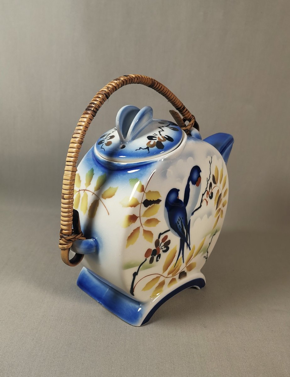Théière Art Déco Porcelaine, Vers 1930, Panse Aplatie & Décor Aux Hirondelles, Manuf. Tchèque-photo-2