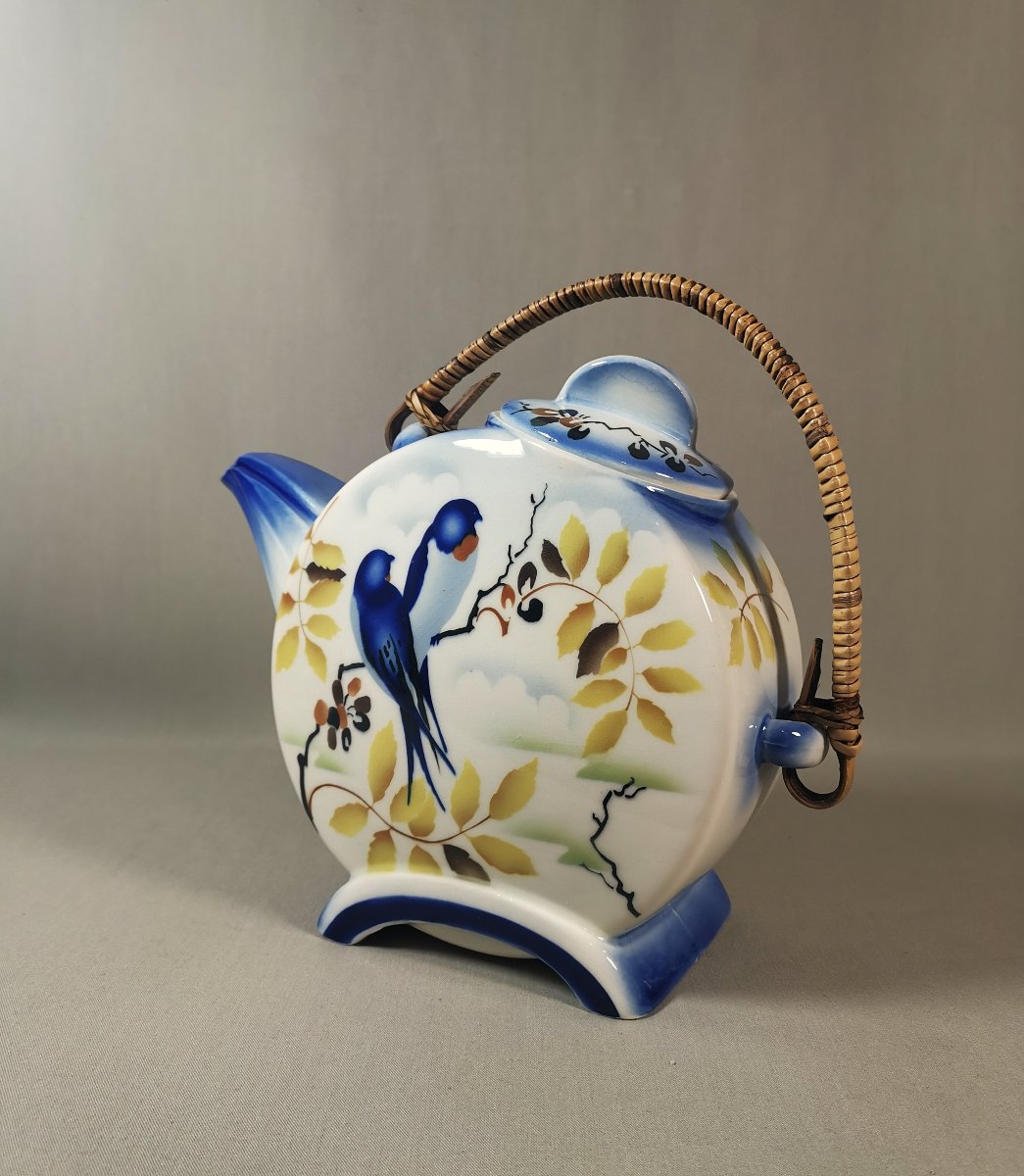 Théière Art Déco Porcelaine, Vers 1930, Panse Aplatie & Décor Aux Hirondelles, Manuf. Tchèque-photo-3