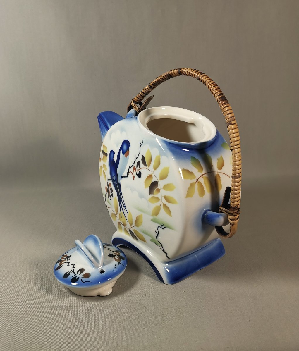 Théière Art Déco Porcelaine, Vers 1930, Panse Aplatie & Décor Aux Hirondelles, Manuf. Tchèque-photo-4