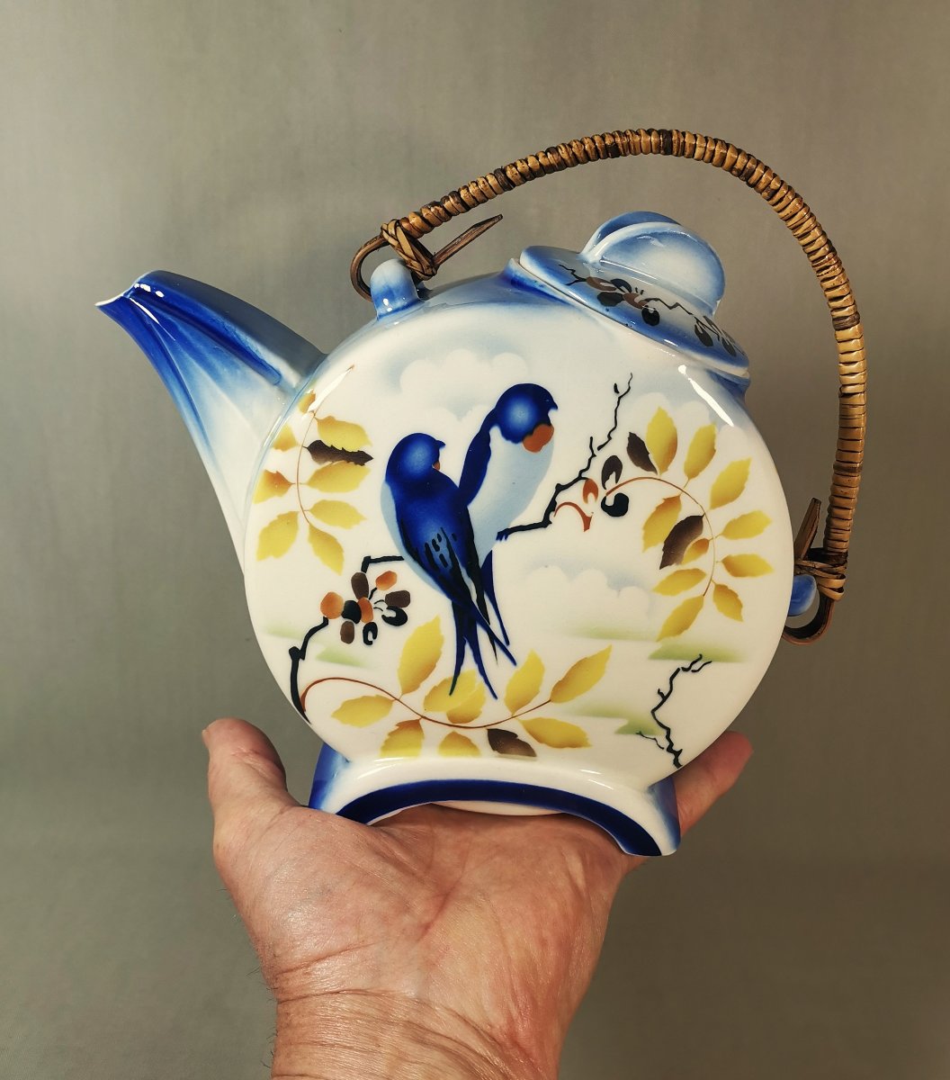 Théière Art Déco Porcelaine, Vers 1930, Panse Aplatie & Décor Aux Hirondelles, Manuf. Tchèque-photo-6