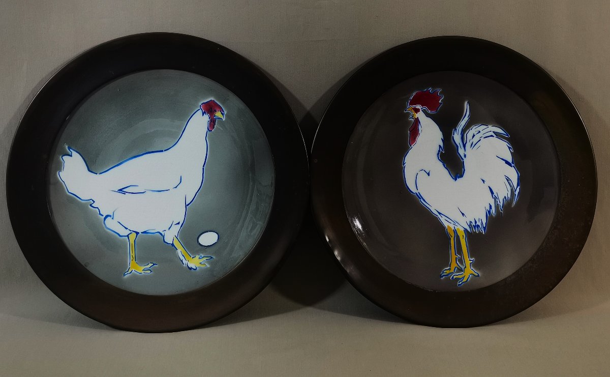 Georges Dreyfus, Pair Of Impressionist Plates With Chickens, Rooster & Hen, 19th Century-photo-2
