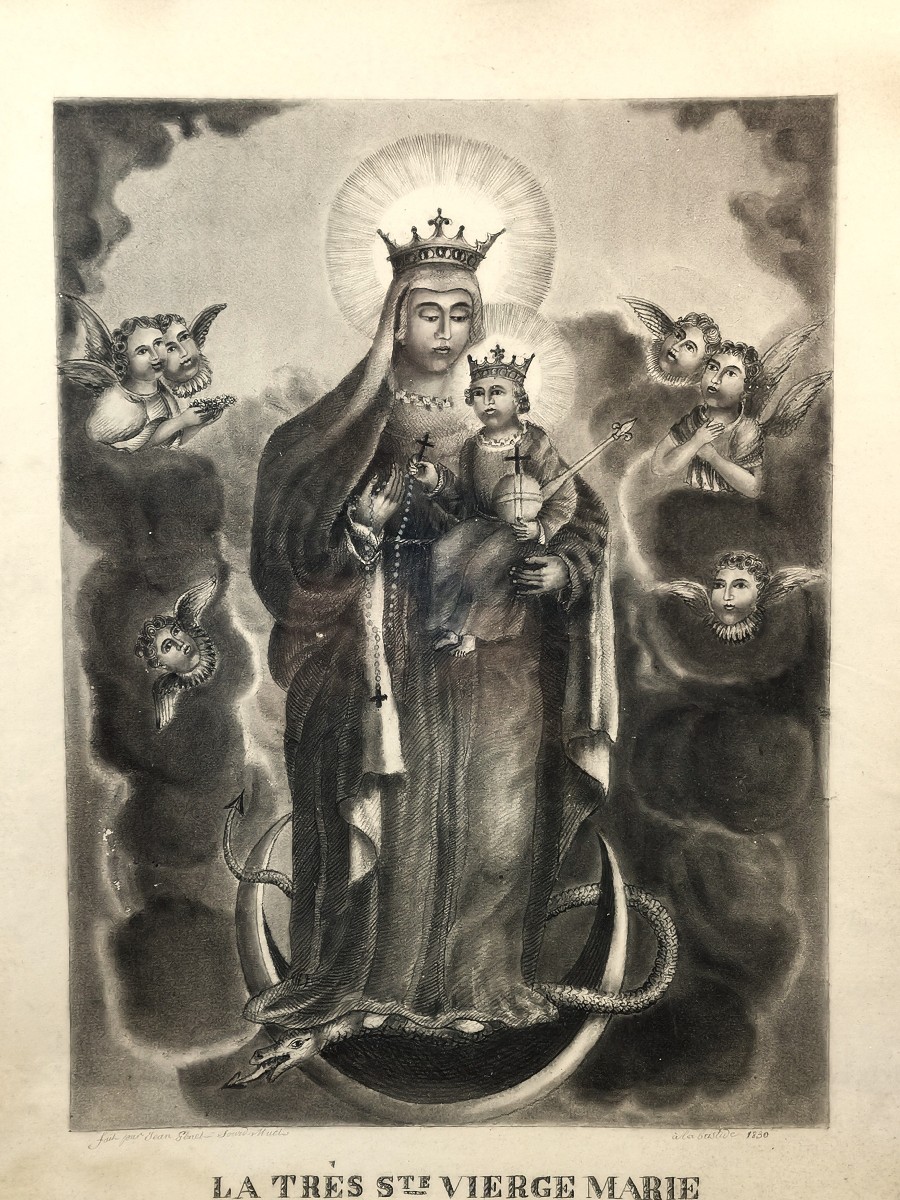 Beau dessin ancien, daté de1830, La Vierge à l'Enfant dans les Nuées, Signé Jean Genet-photo-2