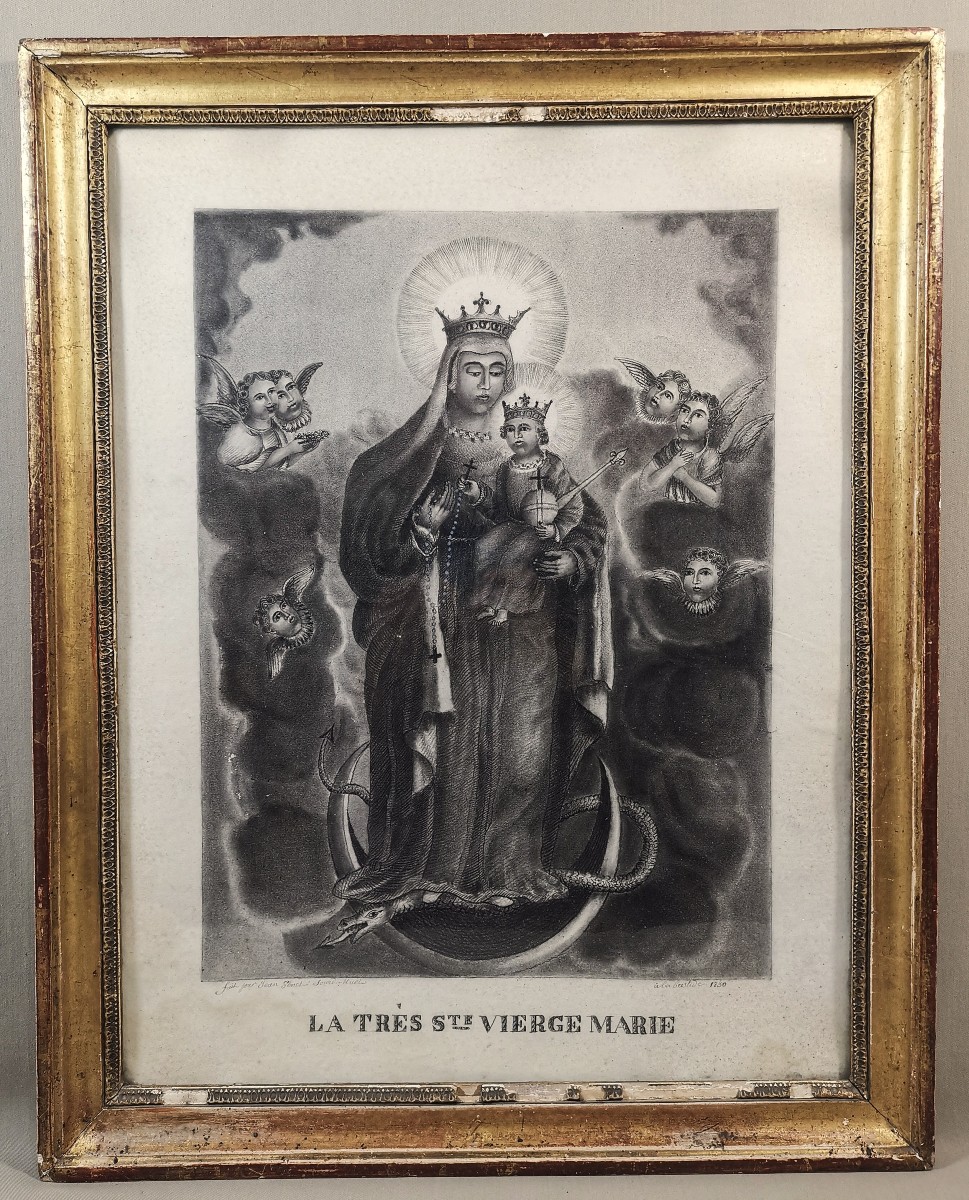 Beau dessin ancien, daté de1830, La Vierge à l'Enfant dans les Nuées, Signé Jean Genet-photo-4