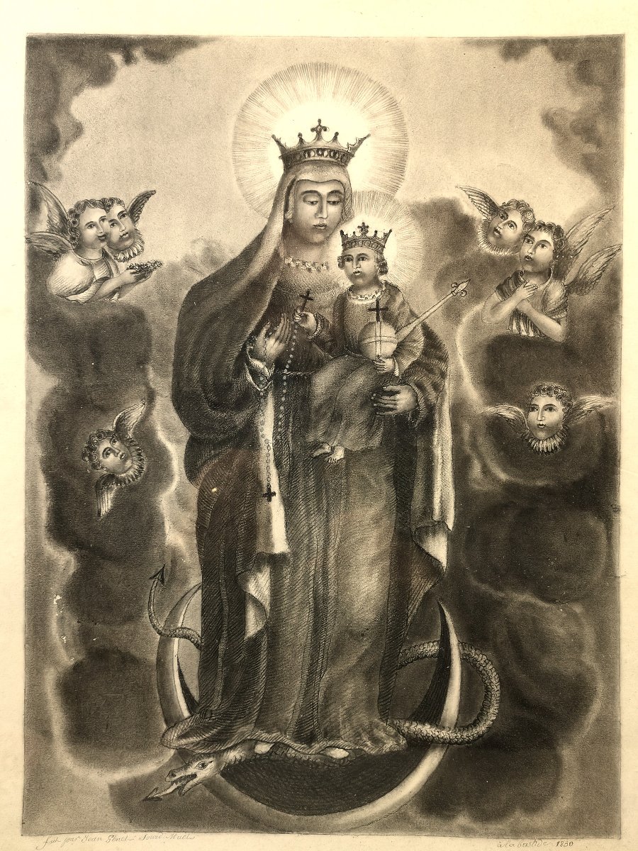 Beau dessin ancien, daté de1830, La Vierge à l'Enfant dans les Nuées, Signé Jean Genet-photo-1