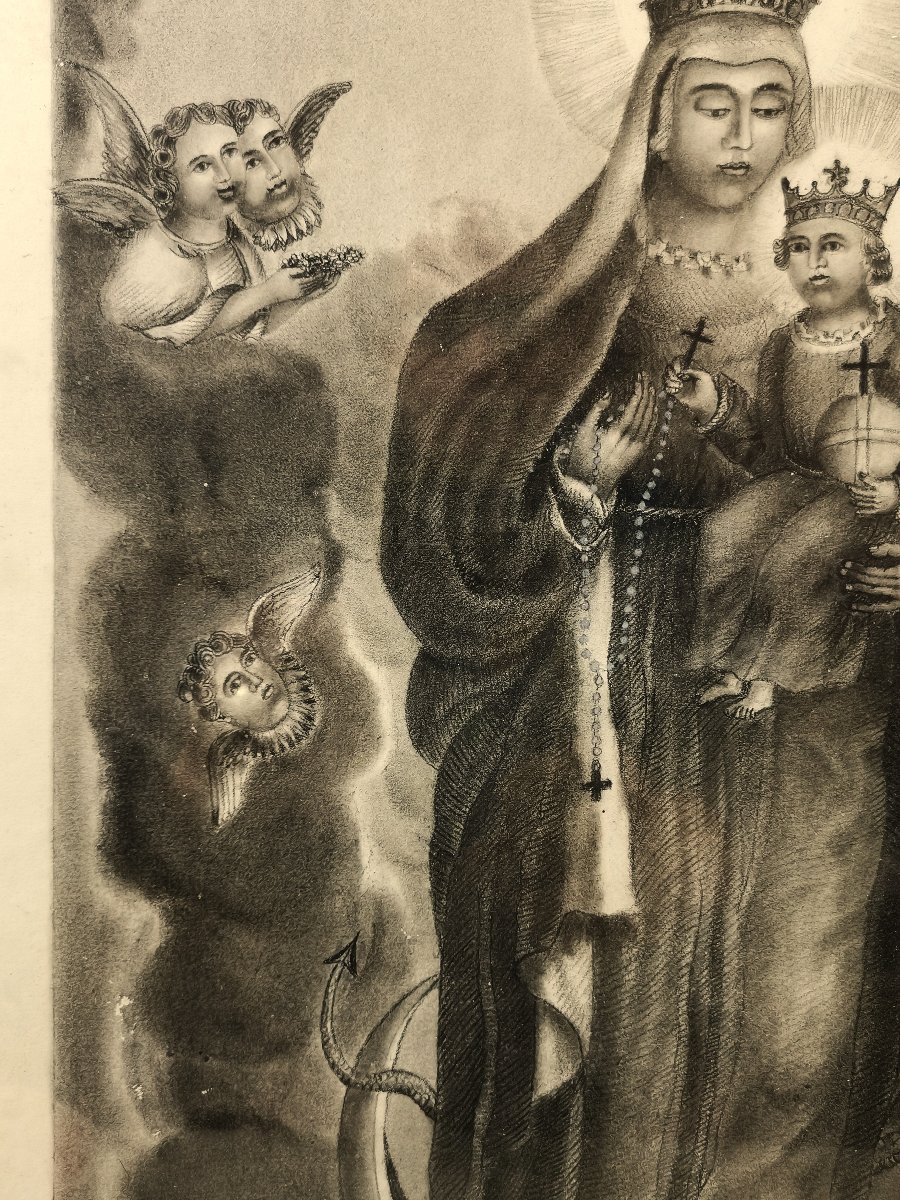 Beau dessin ancien, daté de1830, La Vierge à l'Enfant dans les Nuées, Signé Jean Genet-photo-2
