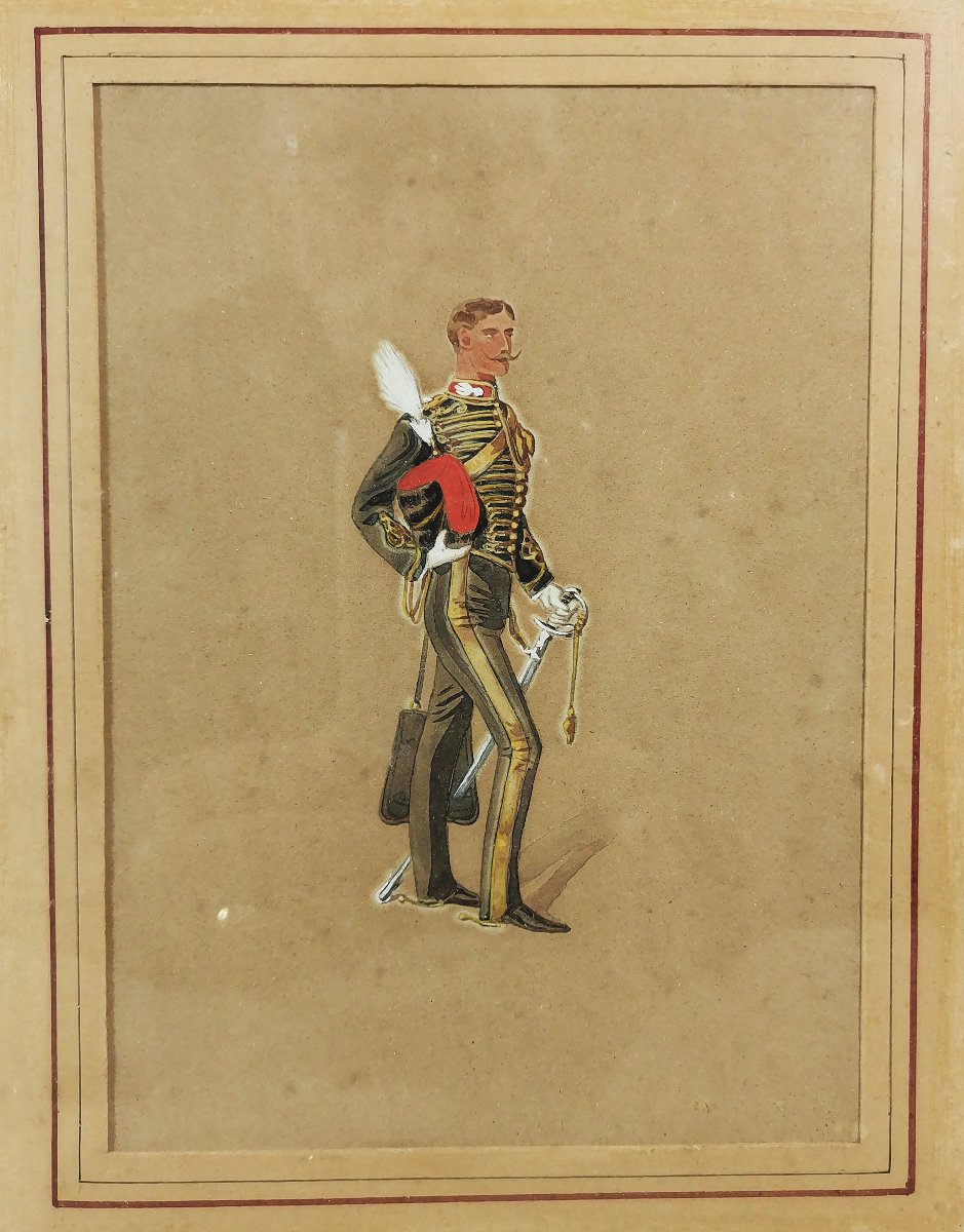 Cinq Dessins Militaire de XIXe, figurant Officiers Français, Anglais, Ecossais, Allemand, etc.-photo-2