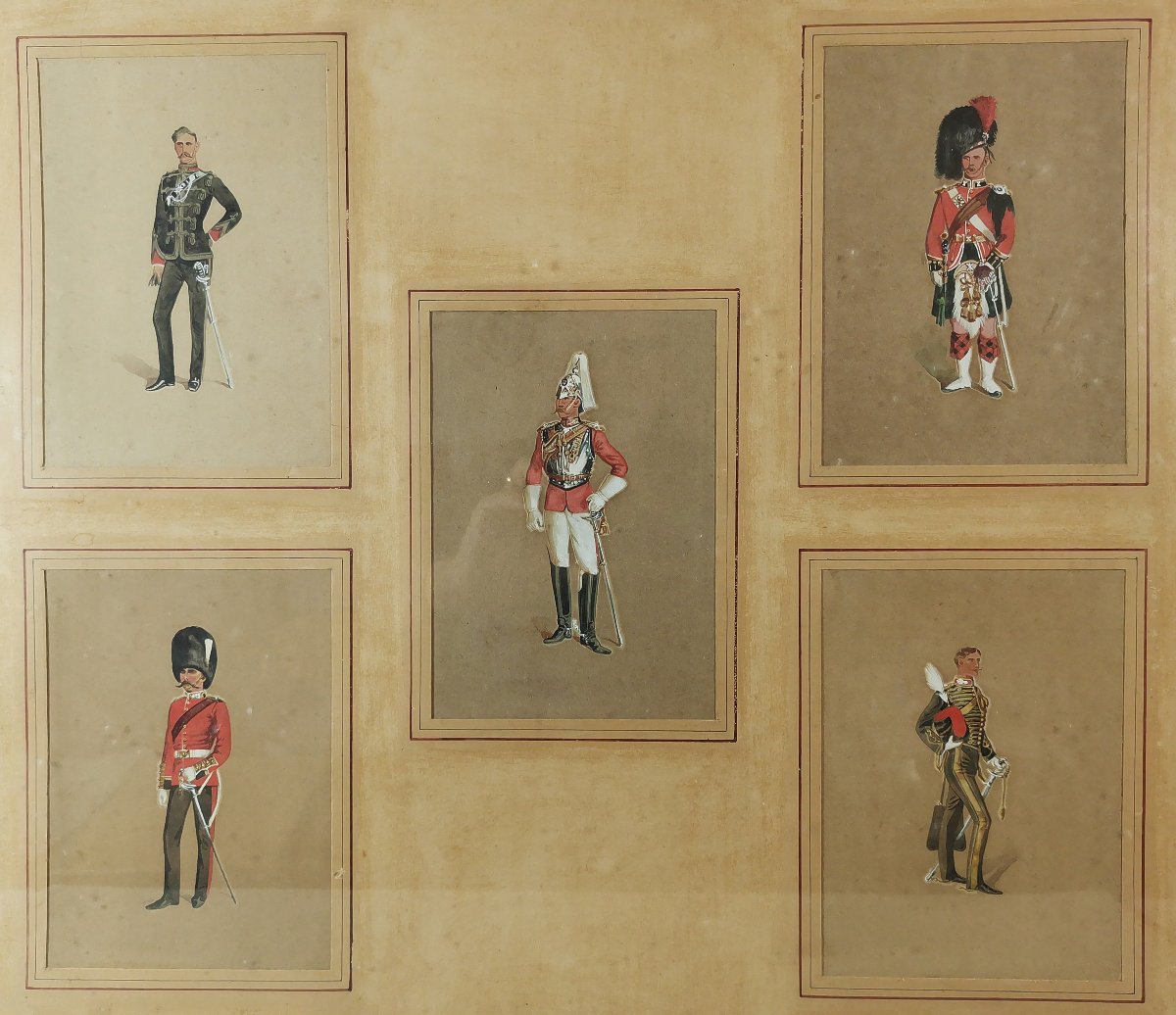 Cinq Dessins Militaire de XIXe, figurant Officiers Français, Anglais, Ecossais, Allemand, etc.-photo-7