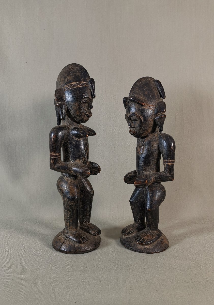 Côte d'Ivoire, Paire Statuettes Senufo Anciennes, Couple Personnages Bois, Art tribal Africain-photo-2