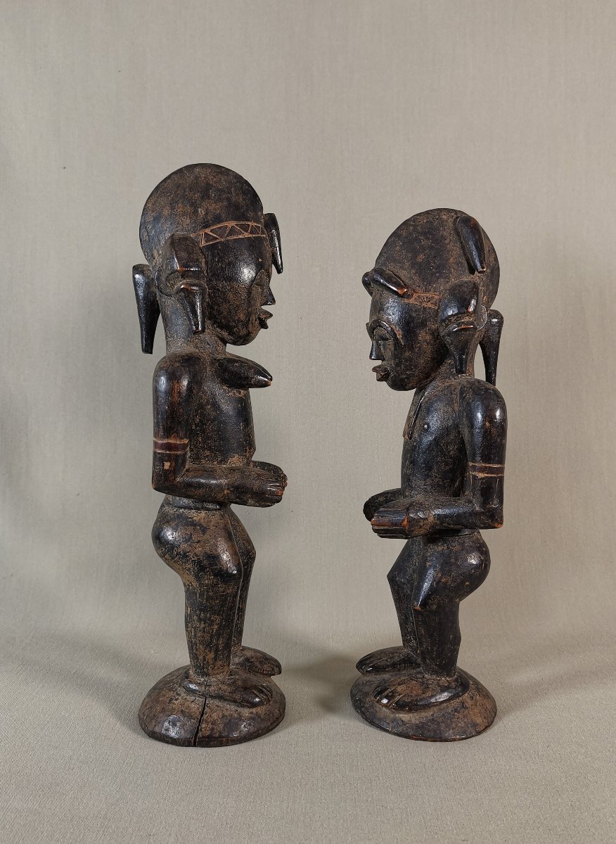 Côte d'Ivoire, Paire Statuettes Senufo Anciennes, Couple Personnages Bois, Art tribal Africain-photo-3
