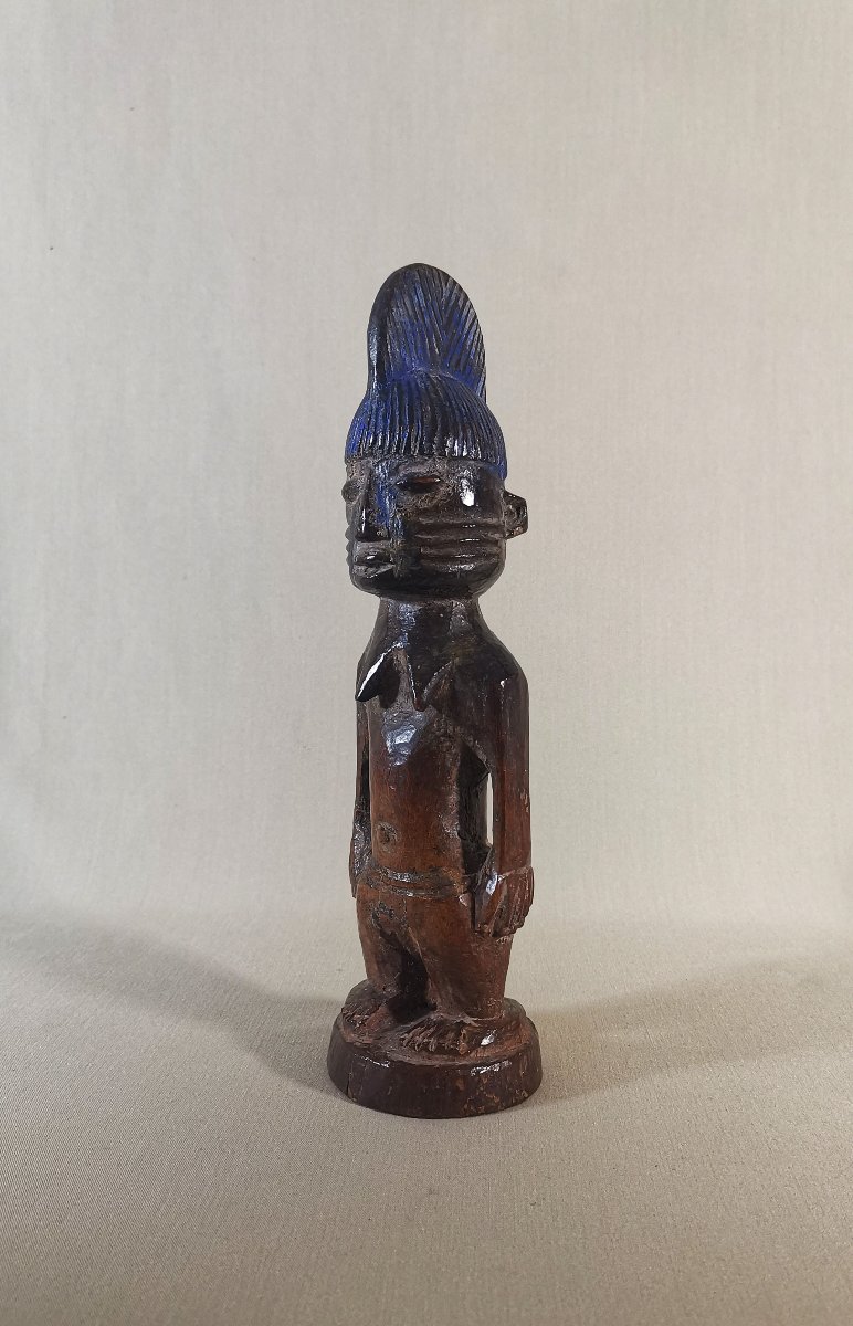 Ancienne Statuette en Bois Sculpté,  Ibedji, Yoruba, Nigéria,  Belle Patine, Polychromie Bleue-photo-2
