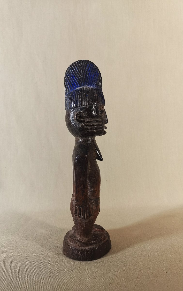 Ancienne Statuette en Bois Sculpté,  Ibedji, Yoruba, Nigéria,  Belle Patine, Polychromie Bleue-photo-3