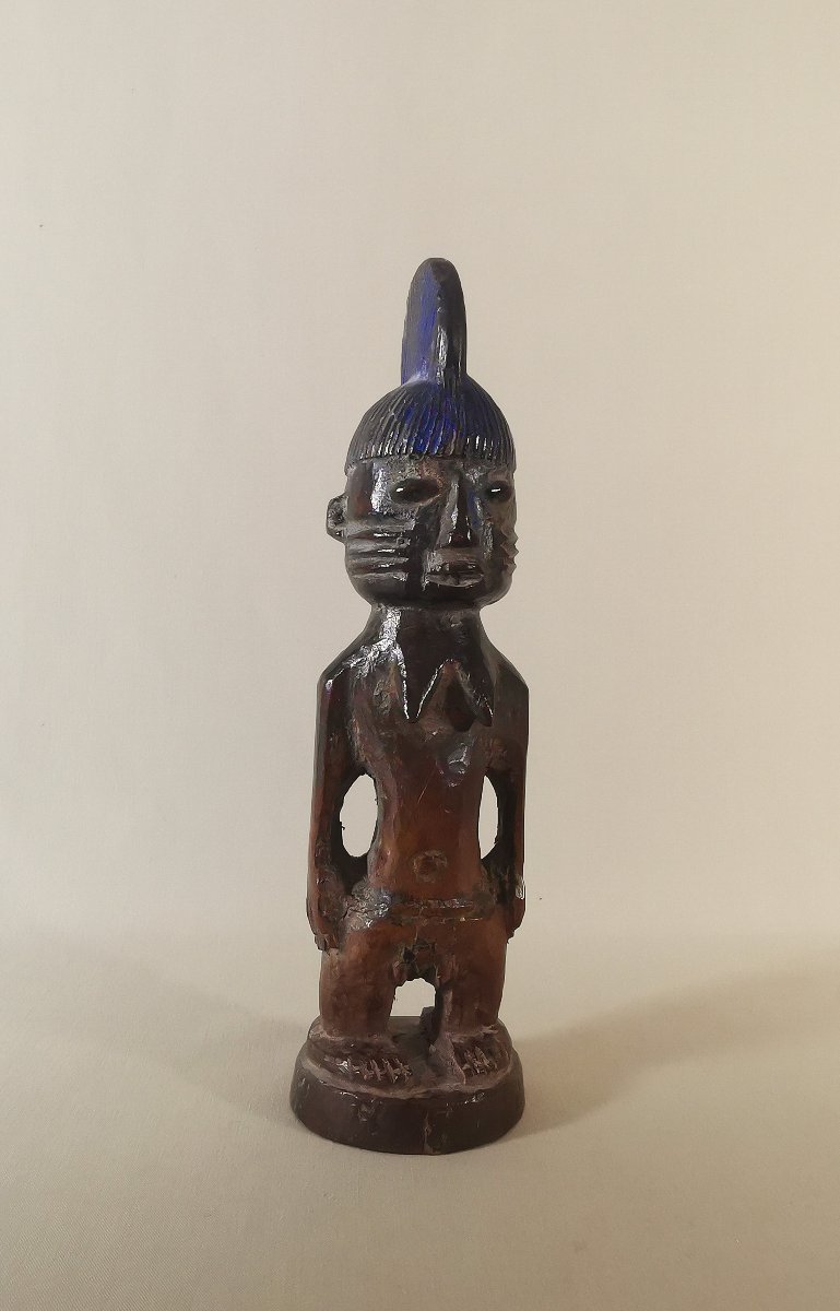 Ancienne Statuette en Bois Sculpté,  Ibedji, Yoruba, Nigéria,  Belle Patine, Polychromie Bleue-photo-5
