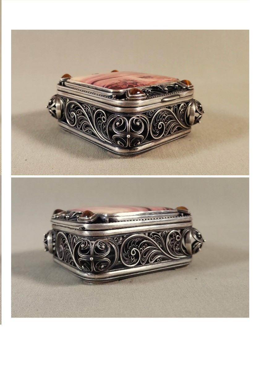 Antique Russian Work, Silver Filigree & Enamel Painted Goldsmith's Box Or Casket-photo-3